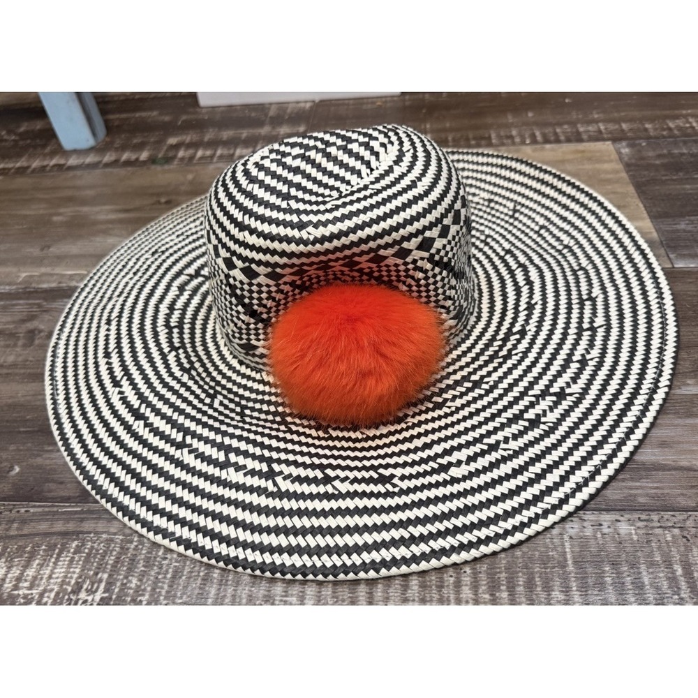 J.Crew Black Ivory Woven Paper Straw Wide Brim Sun Hat Orange Pom S/M